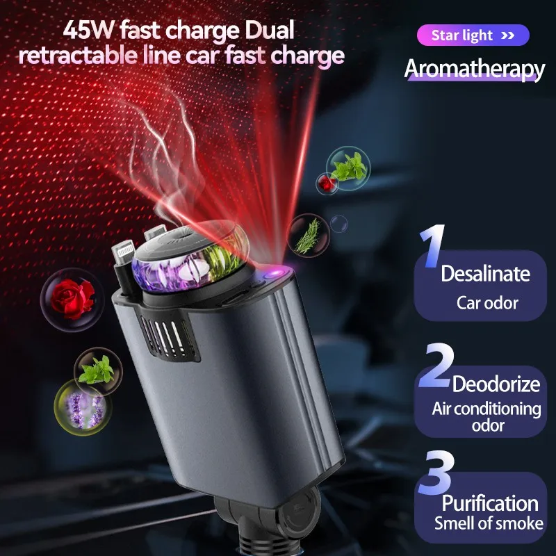 5-in-1 Retractable Car Charger PD45W Fast Charging USB Type-C Power Adapter Phone Charger With Roof Starlight Car Aromatherapy