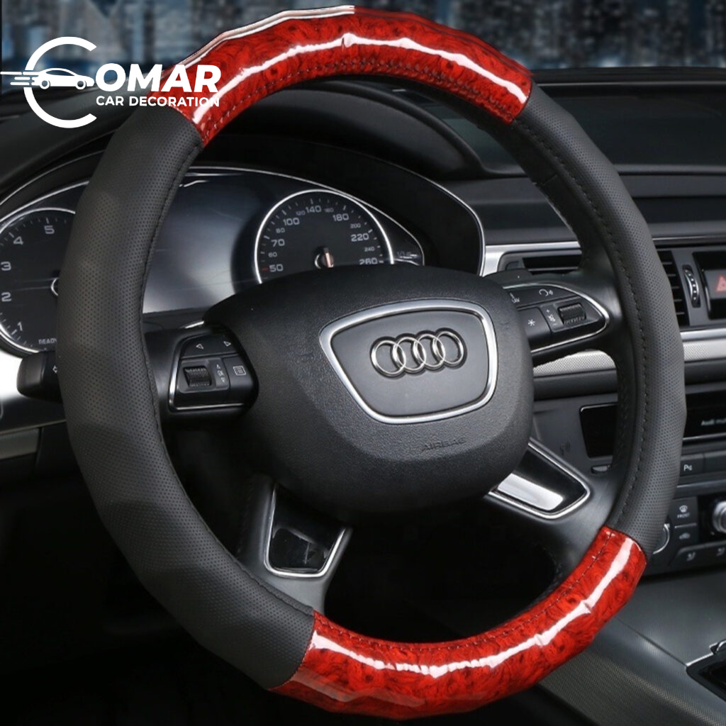 Premium Red Wood Finish Anti-Slip Steering Wheel Cover