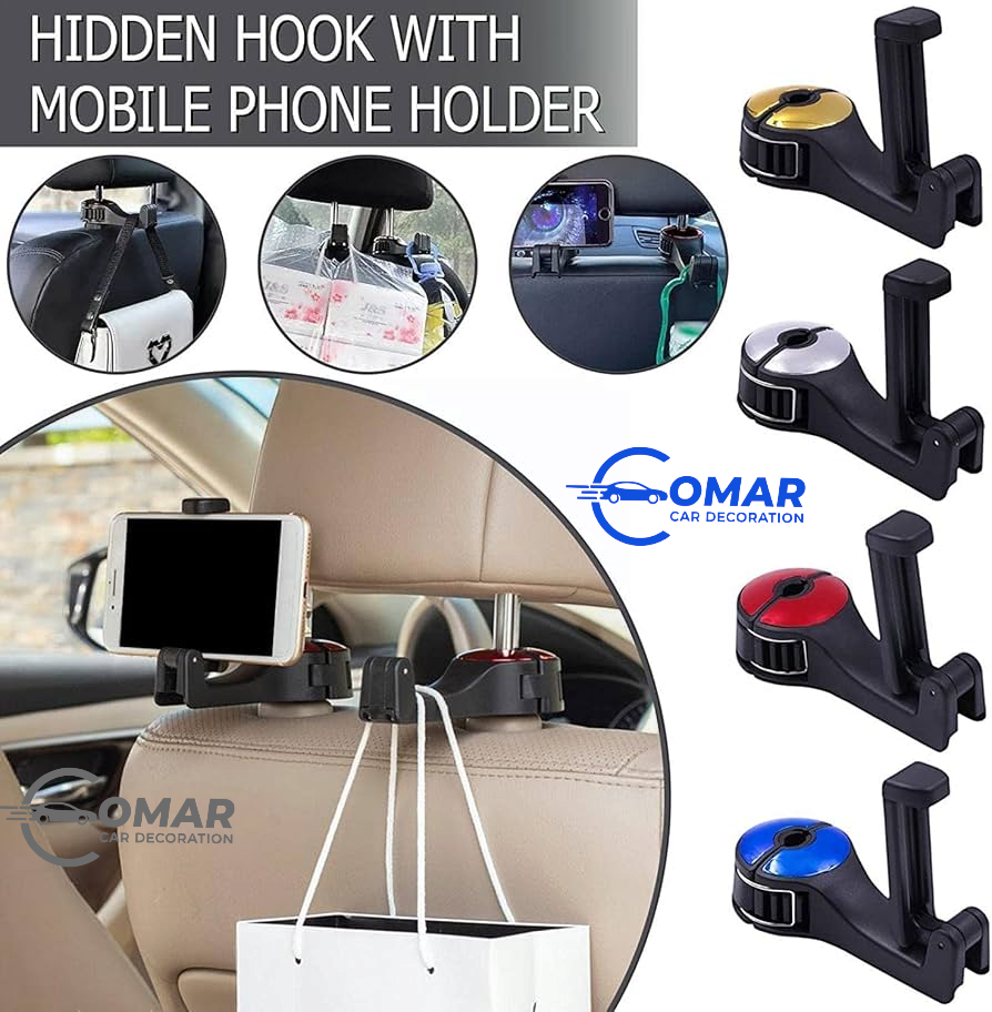 2 Pack 2-in-1 Adjustable Car Seat Hook with Phone Holder – 360° Rotating Headrest Organizer & Hanger